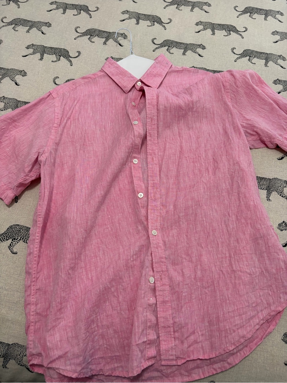 Stitch Note Pink Short-Sleeve Button-Down Linen Blend Shirt